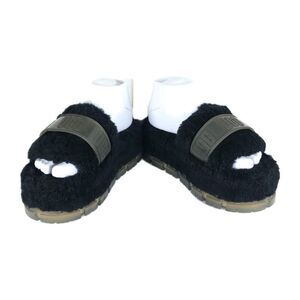 UGG Women's Fluffita US 7 Black Logo Slip On Platform Shearling Slide Slippers